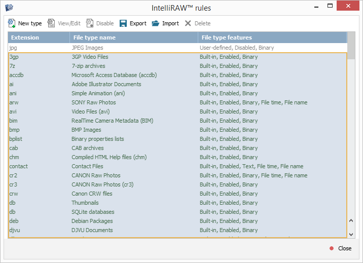 list of intelliraw rules by default in ufs explorer software interface