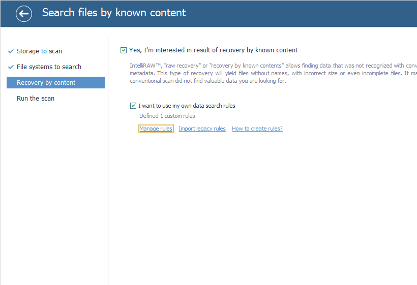 option to manage custom search rules on step 3 of storage scan configuration in ufs explorer interface