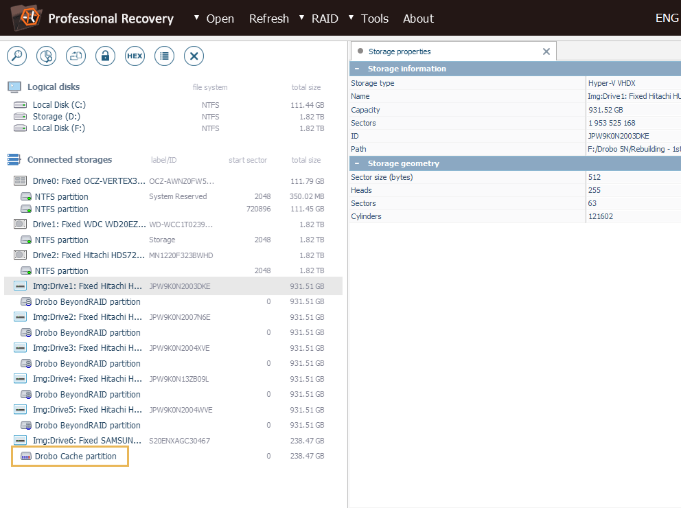 drobo cache partition in connected storages list in ufs explorer professional recovery interface