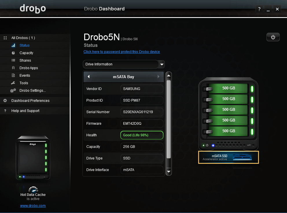 msata ssd drive active in drobo dashboard software