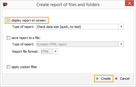 window of creating report of files and folders in explorer of ufs explorer professional recovery program