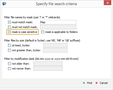 checkbox mask is case sensitive in search criteria window in explorer of ufs explorer program