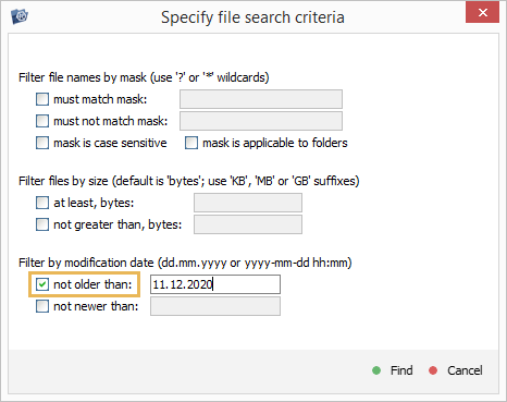 filter to find files modified after specified timestamp in search criteria window in explorer of ufs explorer