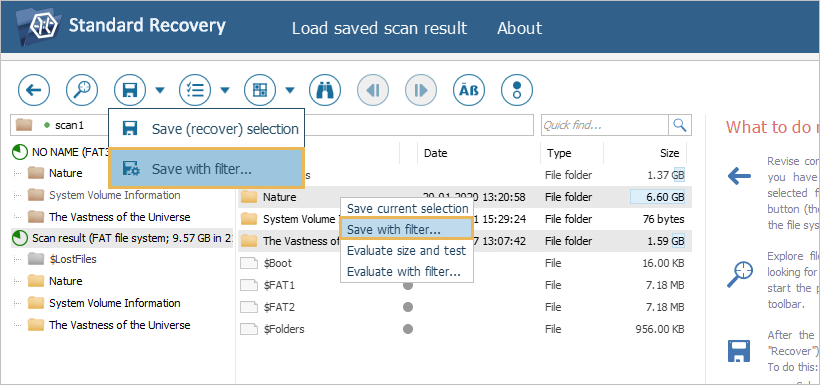 options to save data with filter in explorer of ufs explorer program