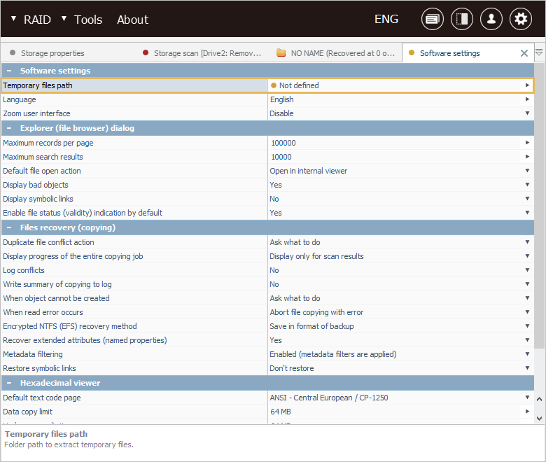 temporary files path parameter in software settings tab in ufs explorer program