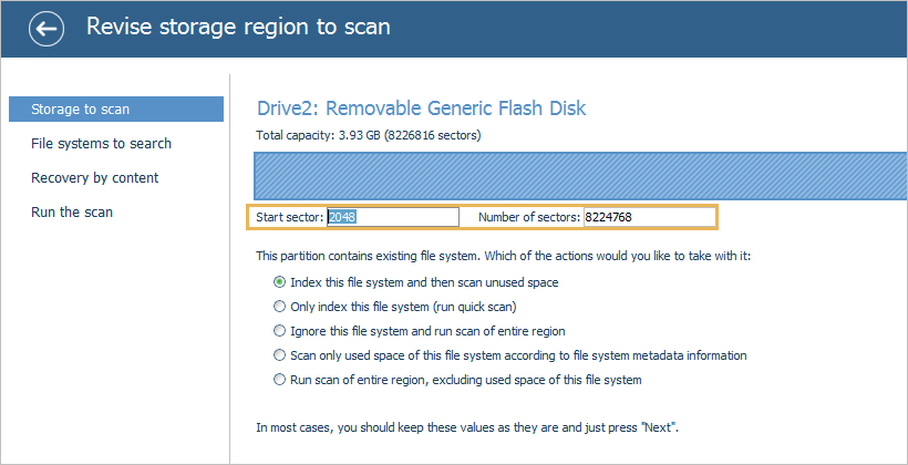 specify range of sectors to scan in ufs explorer standard recovery