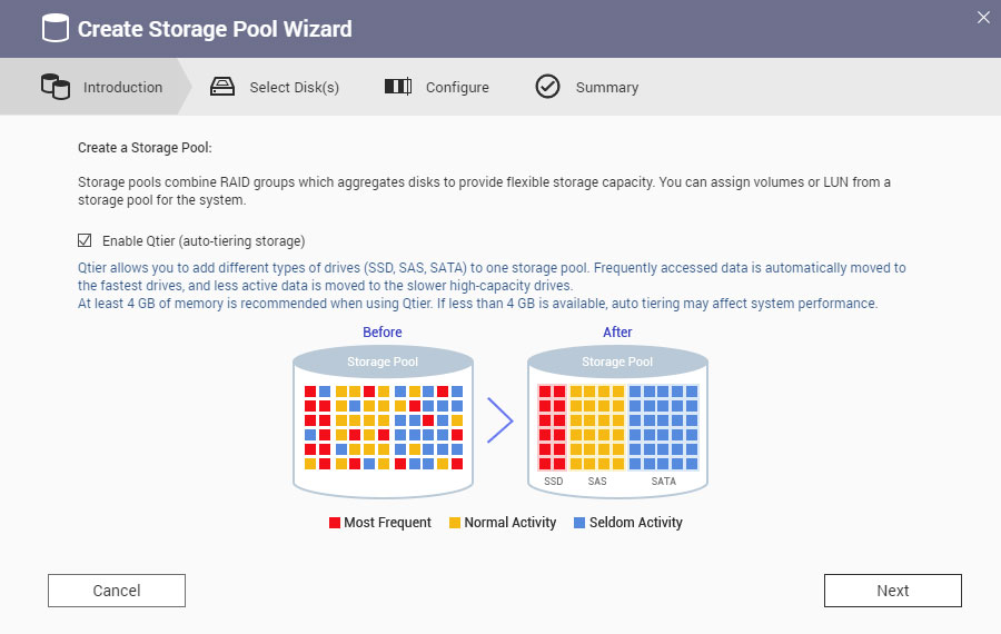 automated tiering qtier configuration in storage pool wizard of qnap nas