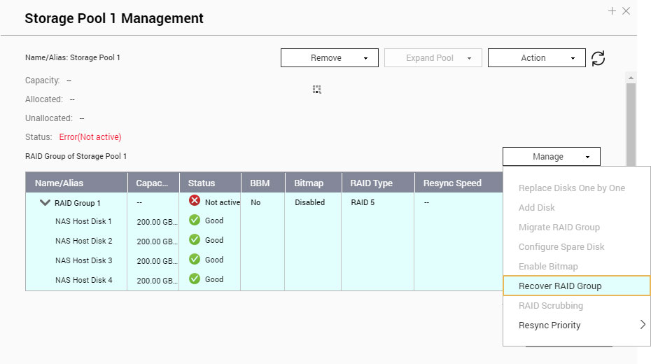 configuración de raid perdida en herramienta de administración de grupos de almacenamiento de qnap nas