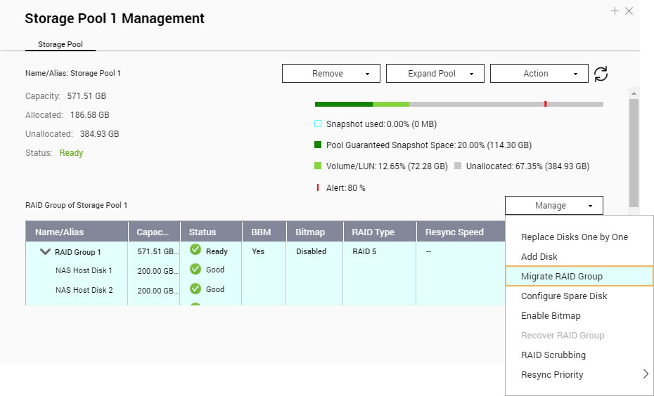 reconfiguración de raid con herramienta de administración de grupos de almacenamiento de qnap nas