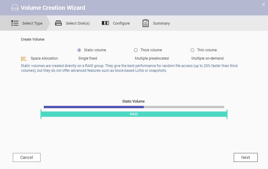 static volume in volume creation wizard of qnap nas
