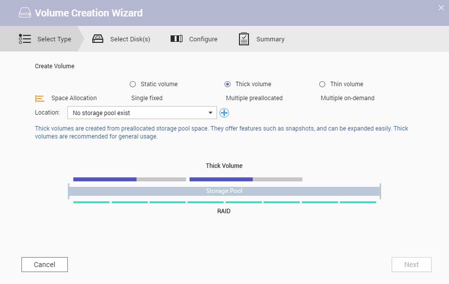 thick volume in volume creation wizard of qnap nas