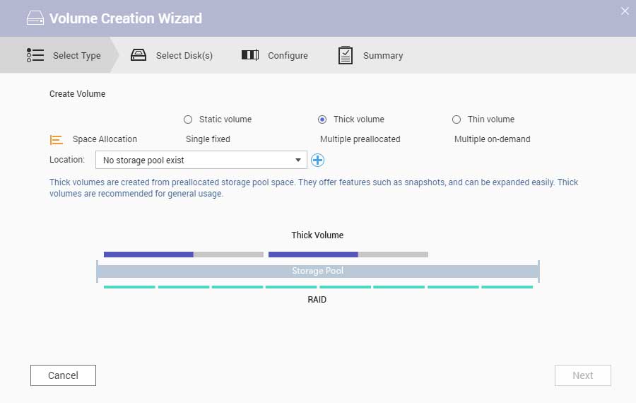 thick volume in volume creation wizard of qnap nas