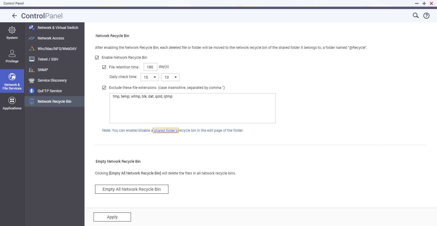 enable network recycle bin option checked in qnap nas control panel