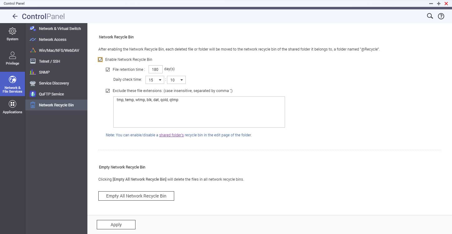 network recycle bin enabling via qnap nas control panel