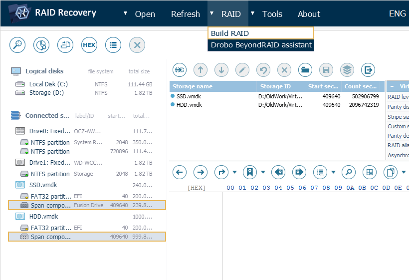 build raid of span components using raid builder of ufs explorer raid recovery program