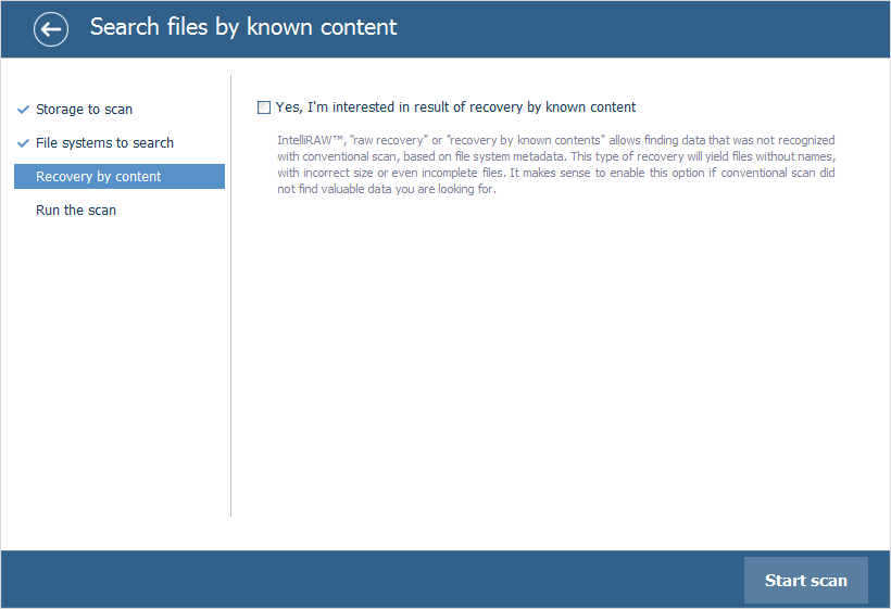 intelliraw recovery option in scanning configuration dialog in ufs explorer program