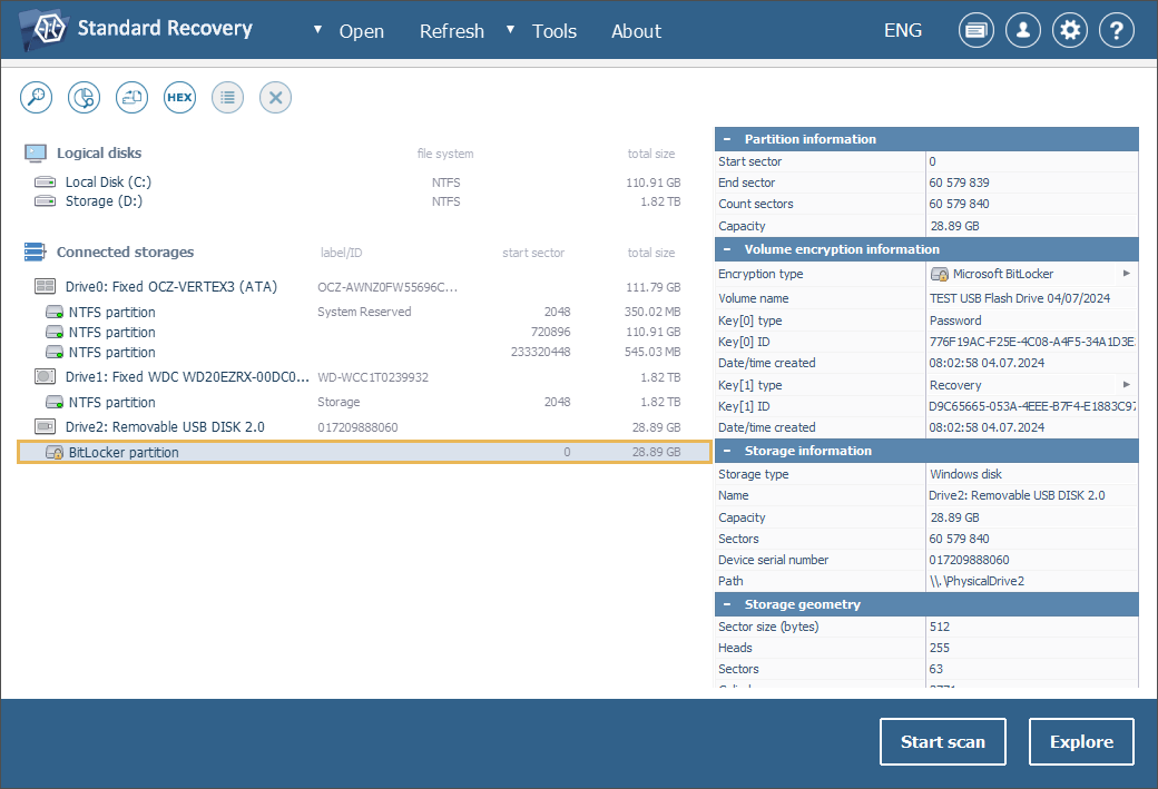 bitlocker partition selected in list of connected storages on left panel of ufs explorer program main window