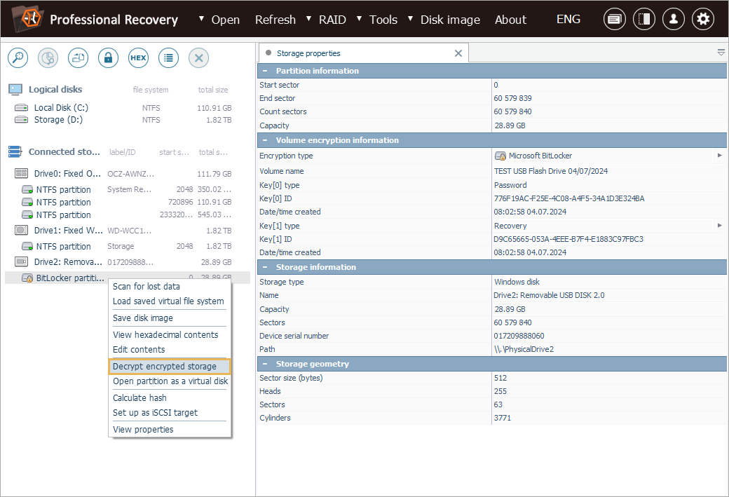 decrypt encrypted storage option in context menu of bitlocker volume in ufs explorer professional recovery program