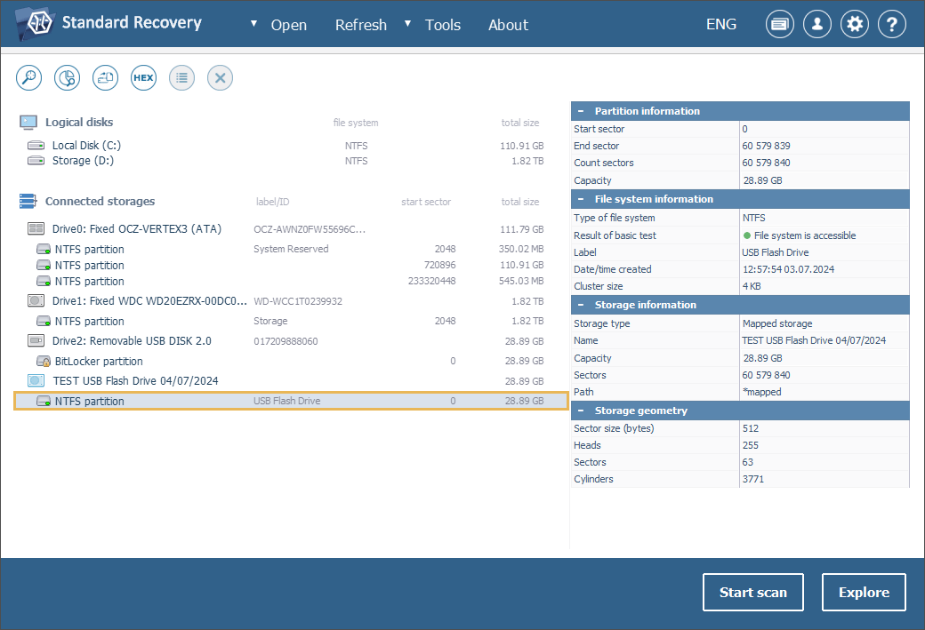 partition of decrypted bitlocker volume in list of connected storages on left panel of ufs explorer program main window 