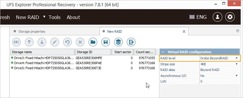 assembling drobo beyondraid with raid builder of ufs explorer professional recovery program