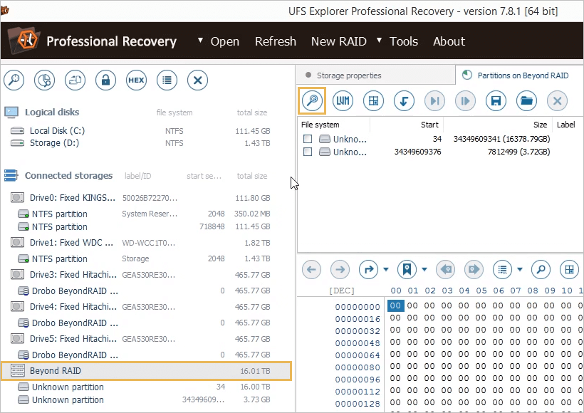 search file system tool to find beyondraid partition with user's data in ufs explorer professional recovery program