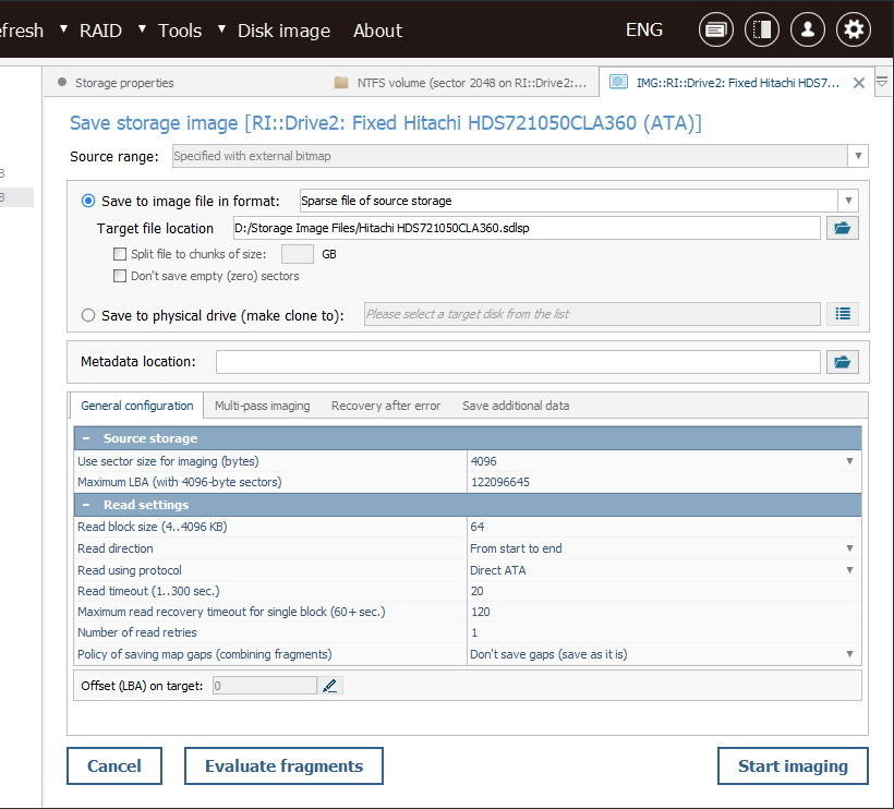 disk image creation configuration window in ufs explorer professional recovery program