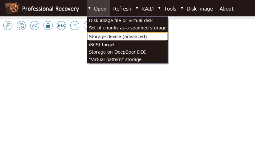 open storage device (advanced) option in main menu of ufs explorer professional recovery program