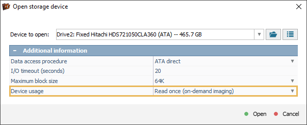 setting read once parameter in open storage device window in ufs explorer professional recovery program