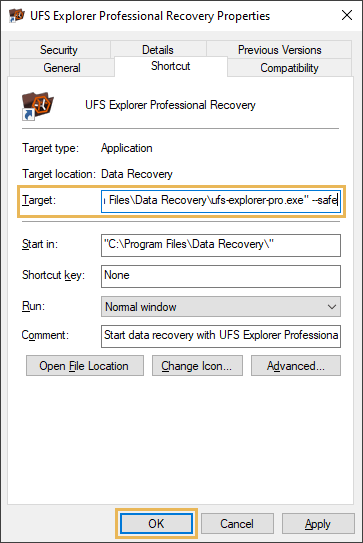 window of properties of ufs explorer professional recovery program