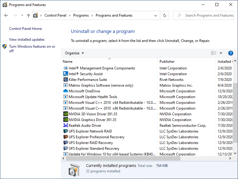 installed programs list in programs and features section of windows file explorer