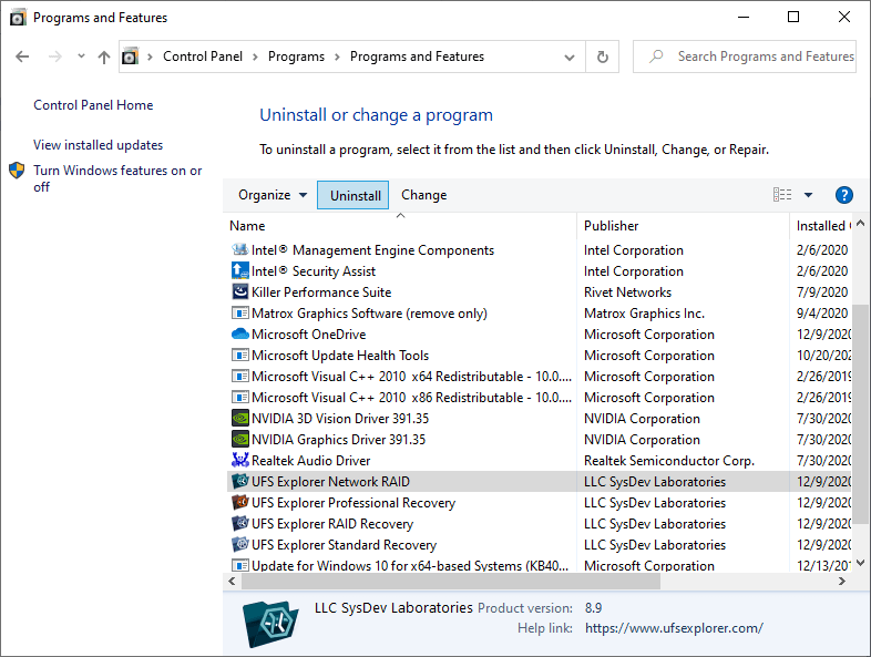 uninstalling ufs explorer via programs and features section of windows file explorer