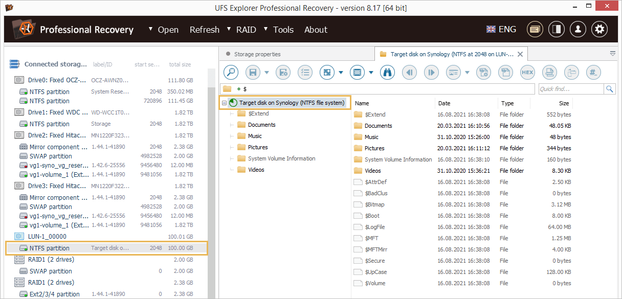 target disk on synology partition in ufs explorer professional recovery interface