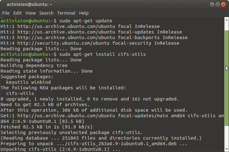 cifs-utils utility installation via linux terminal