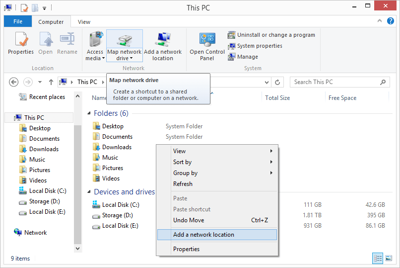 map network drive option in file explorer on windows