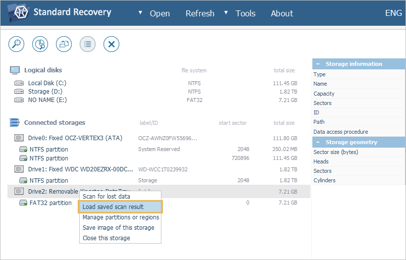 load saved scan result option in drive's context menu in ufs explorer program interface