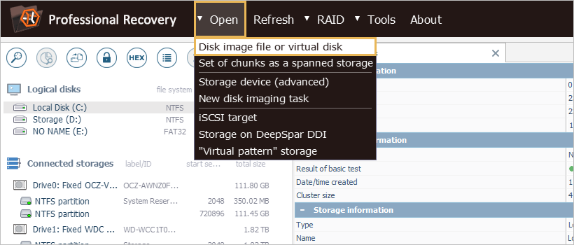 disk image file or virtual disk option of open tab in top menu of ufs explorer professional recovery program interface