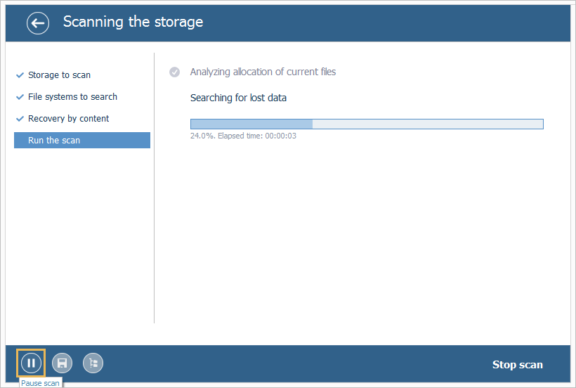 pause scan button in ufs explorer program interface