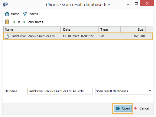 dialog of choosing scan result database file in ufs explorer program interface