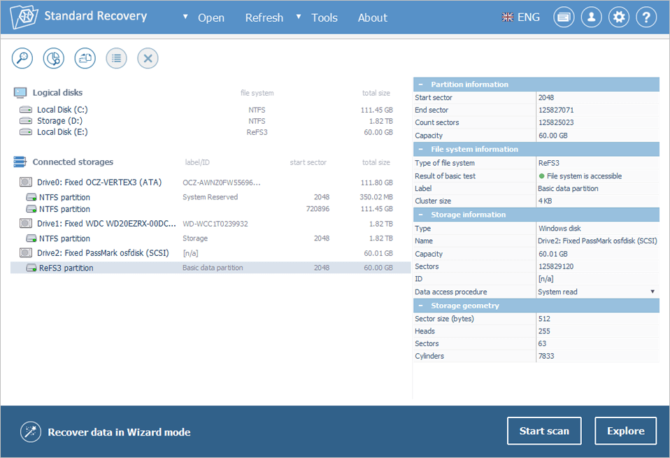 screenshot of refs partition detected in recovery explorer standard