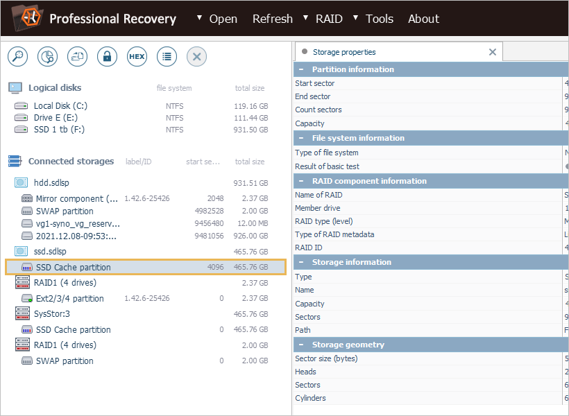 find ssd cache partition by icon in ufs explorer