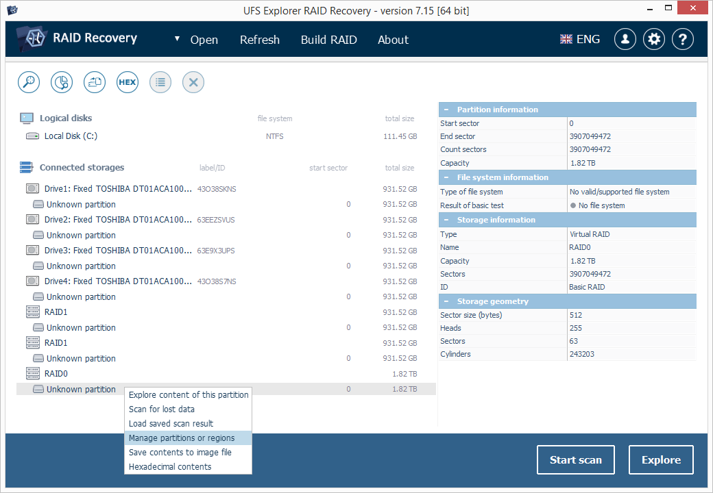 search for partitions with manage partitions or regions option in ufs explorer raid recovery program