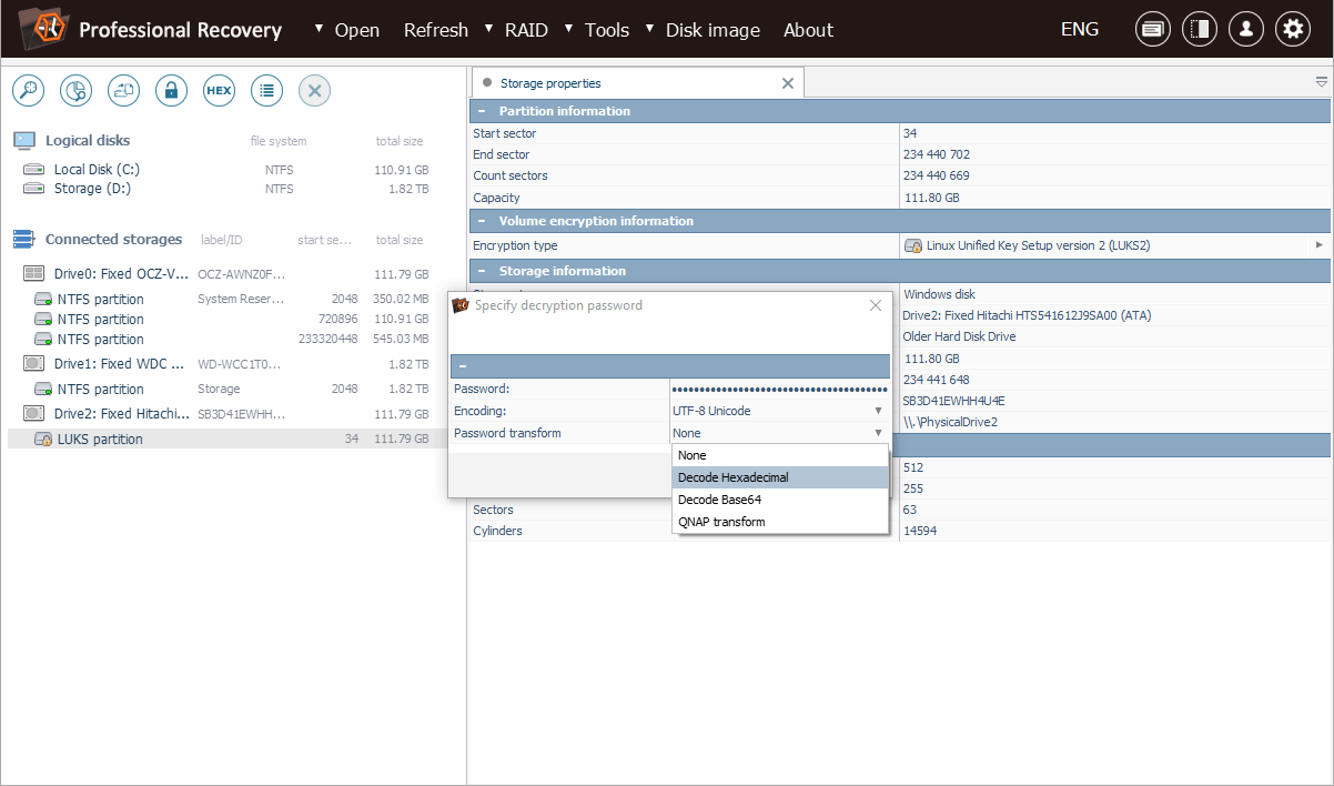 specify encrypted storage decryption password in ufs explorer professional