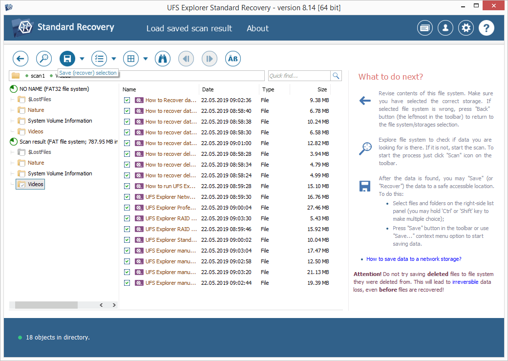 saving selected recovered files with save selection tool in ufs explorer