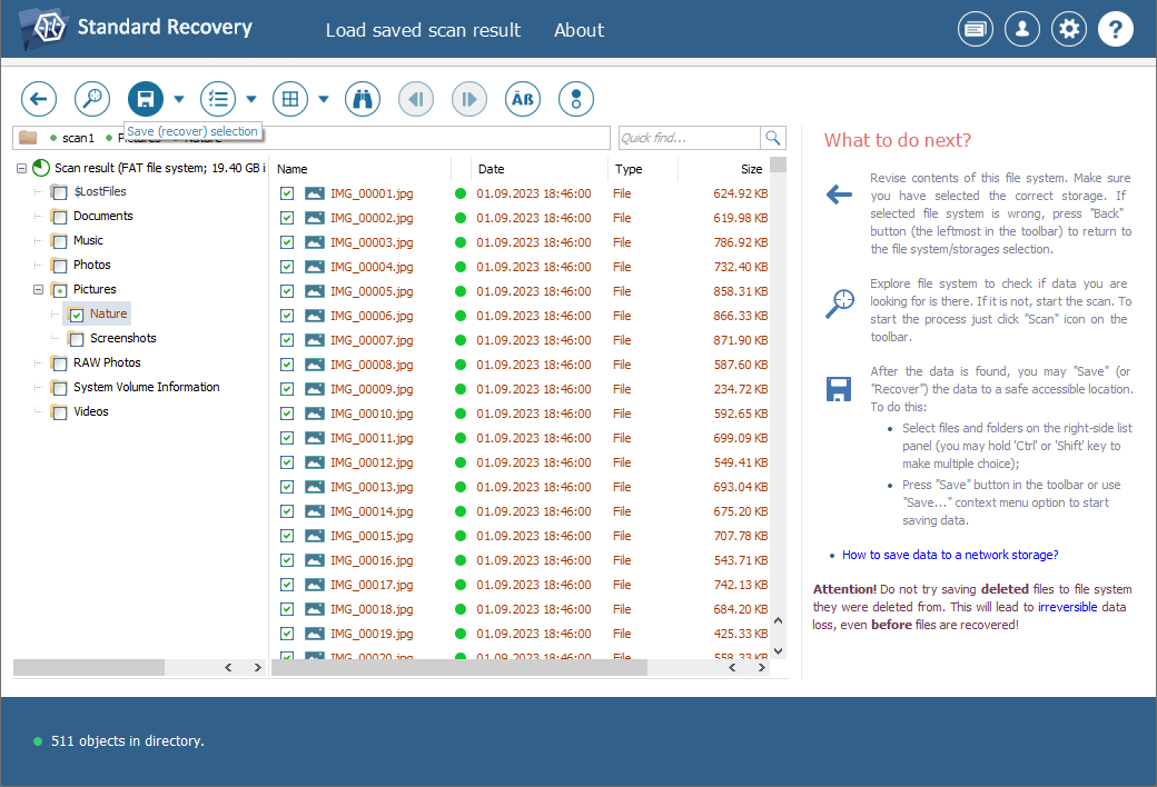 saving selected recovered files with save selection tool in ufs explorer