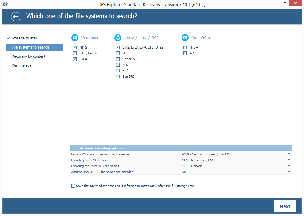 set necessary scan parameters in ufs explorer standard recovery