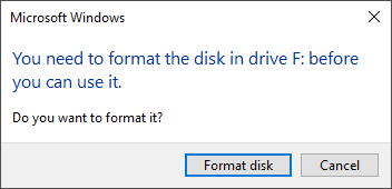 microsoft windows popup suggesting disk formatting