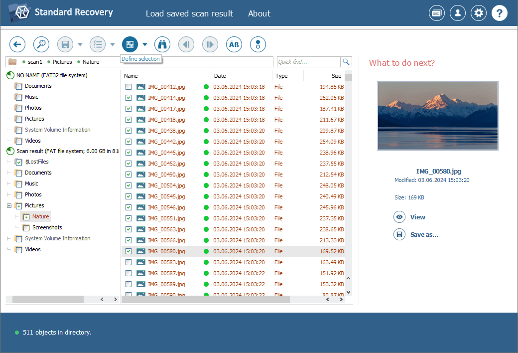 using ufs explorer define selection tool to save several files recovered from memory card