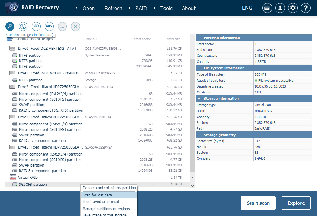 three options to start selected raid volume scanning in ufs explorer