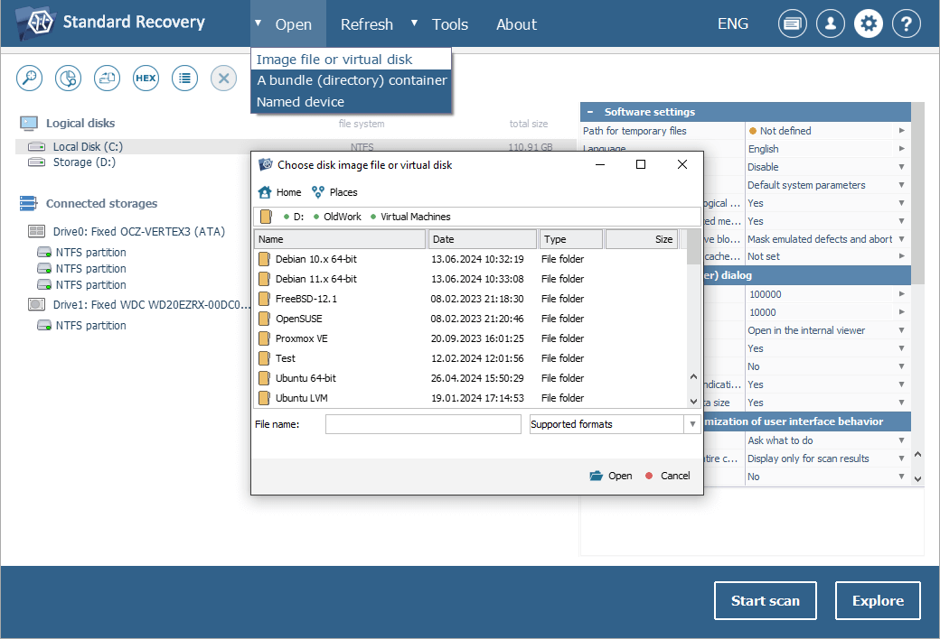 open virtual storage in ufs explorer interface