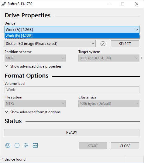 selecting necessary storage manually in drop-down menu of rufus